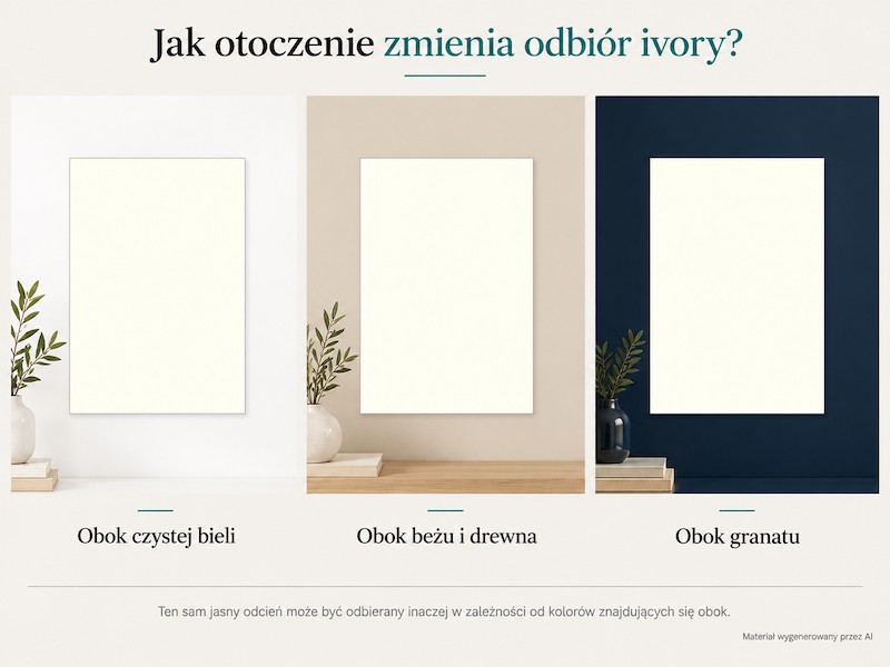 Kolor ivory na tle różnych kolorów Ivory obok bieli, beżu, drewna i granatu