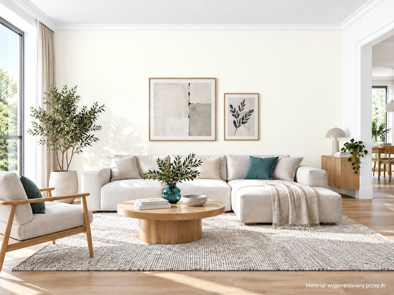 Jasny salon ze ścianą ivory Kolor ivory na ścianie w jasnym salonie