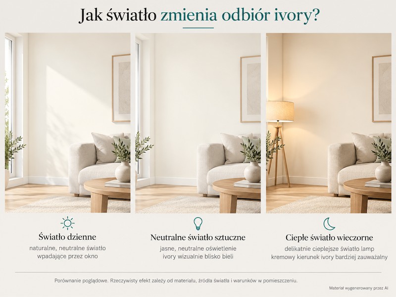 Ivory w różnych rodzajach oświetlenia Kolor ivory w świetle dziennym, neutralnym i ciepłym