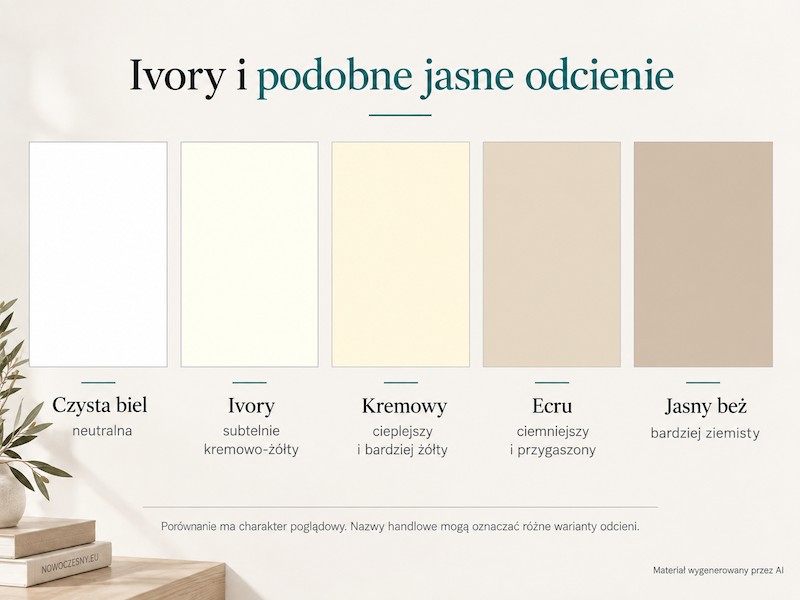 Kolor ivory na tle podobnych jasnych odcieni odcieni.jpgPorównanie bieli, ivory, kremowego, ecru i beżu